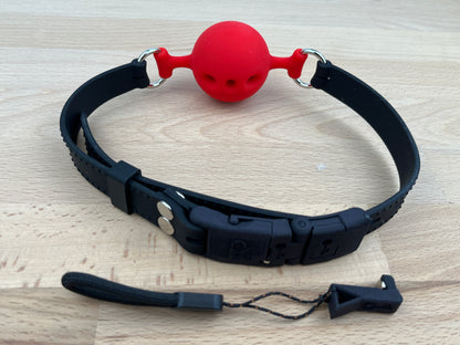 Premium :|: Silikon Ballknebel mit Kink-Lock Schnellverschluss, rot-schwarz